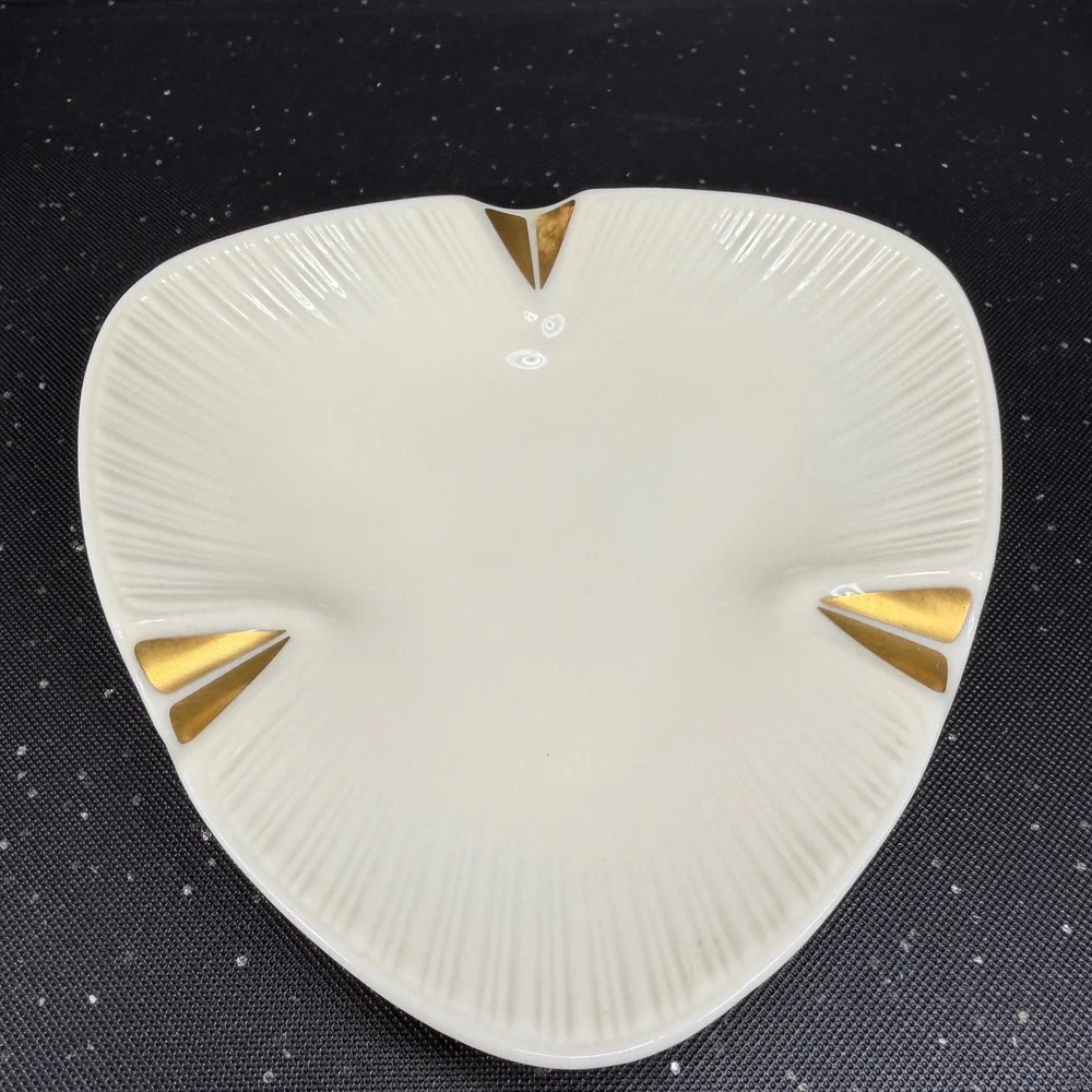 Lenox Vintage Porcelain Triangular Ashtray‎ Trinket Dish Gold Trim Ivory Cream